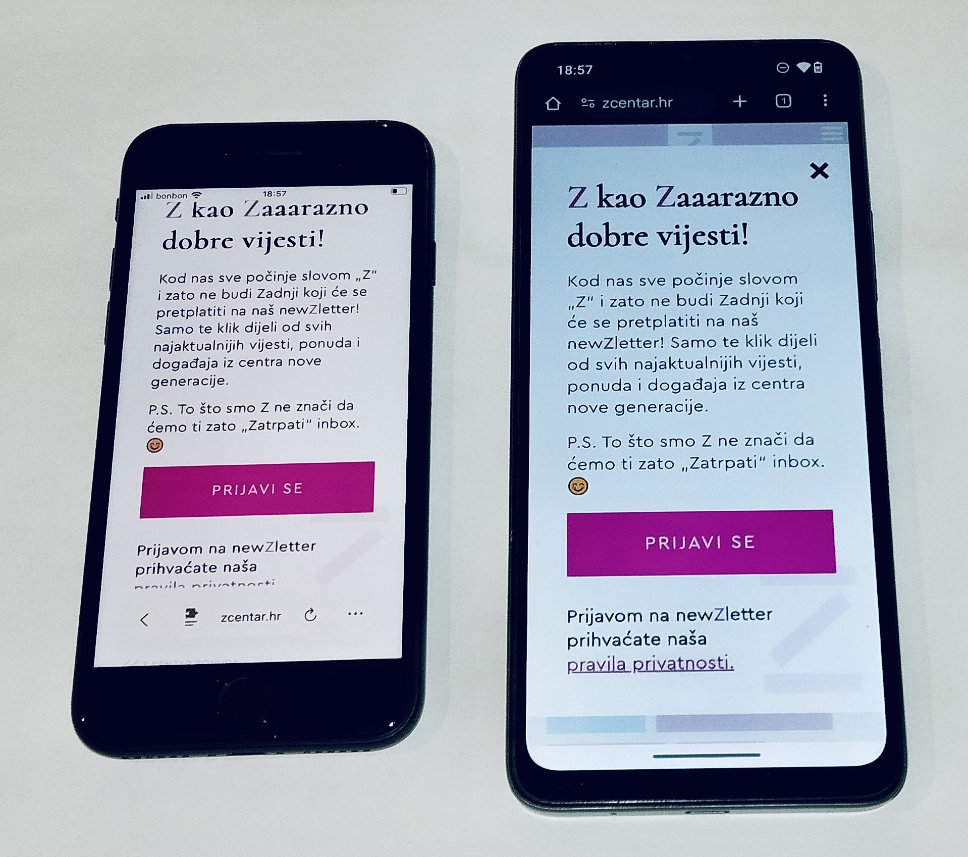 Two smartphones showing the same website zcentar.hr side-by-side. The smartphone on the left is smaller, so the dialog does not fully fit on the screen.